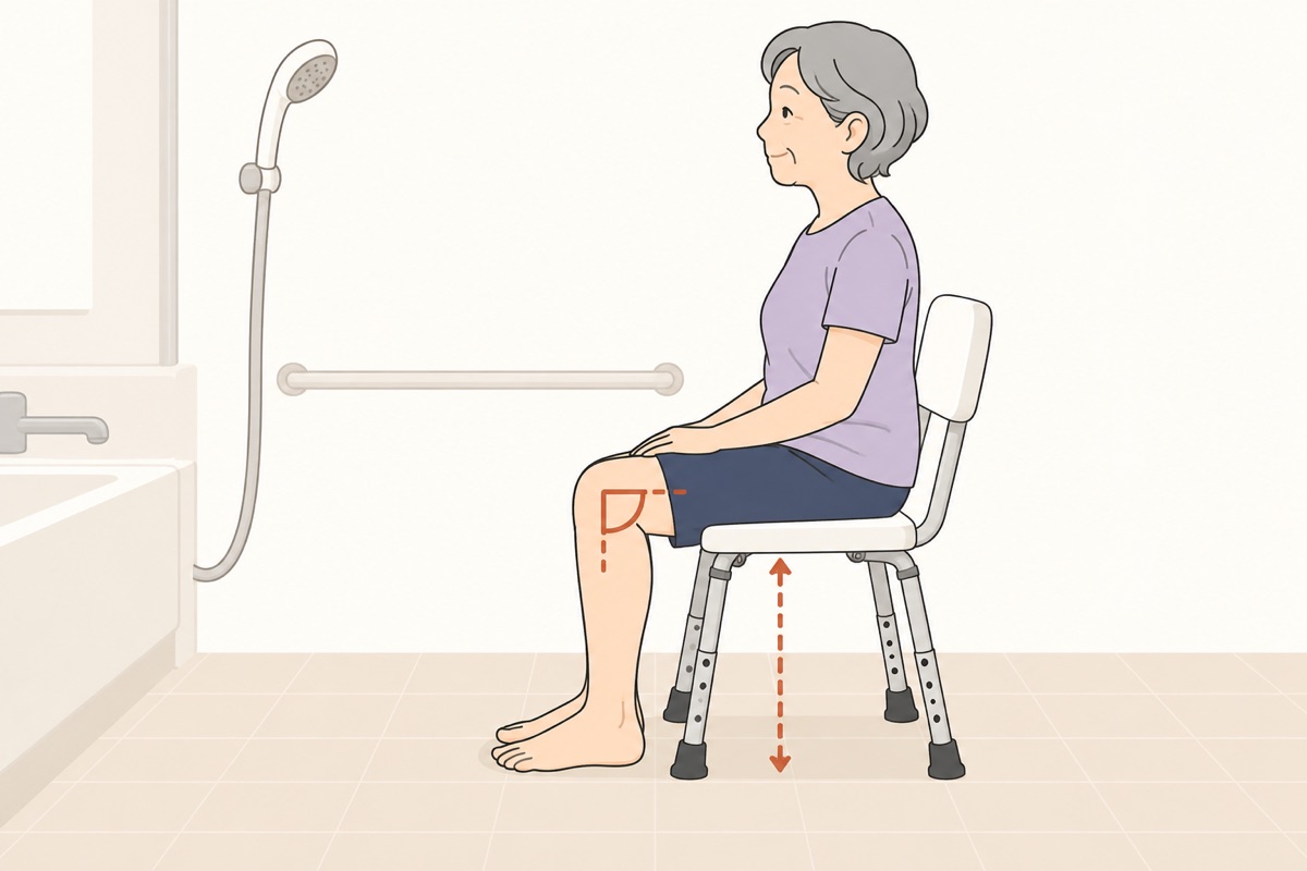 シャワーチェアに座り、足の裏が床につき、膝がほぼ直角になっている様子を横から見た図
