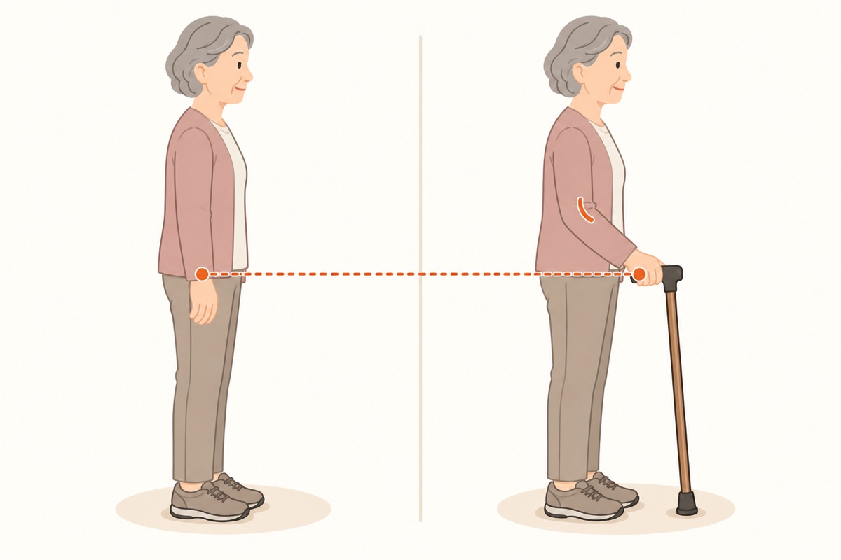 腕を下ろしたときの手首の高さと、杖の持ち手の高さが同じになることを示した図